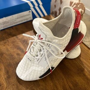 Adidas Ulta Boost S & L White, Grey, and Scarlet athletic shoes